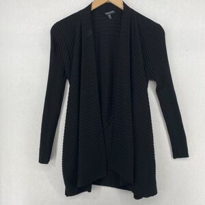 EILEEN FISHER Cardigan PS Petite Merino Wool Ribbed Knit Open Front Draped Black